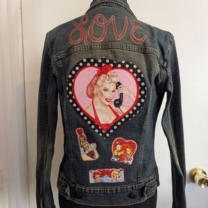 Denim Jacket w Retro Vintage Love and Valentine Appliques and Posca Paint Size S
